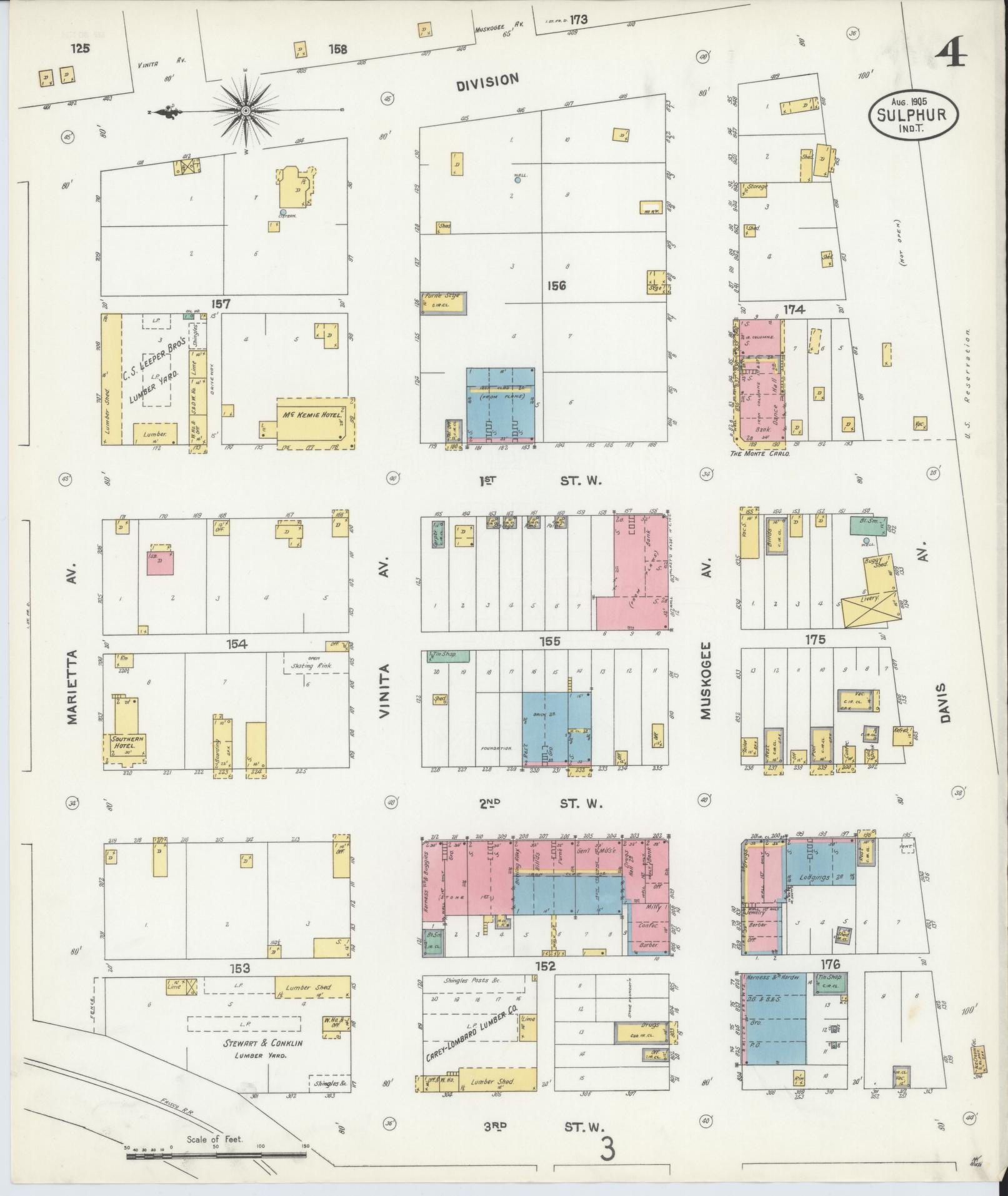Sanborn Fire Insurance Map from Sulphur, Murray County, Oklahoma (1905), Sheet #0004 - Historic Sanborn Fire Insurance Map Print, vintage old map wall art, antique decor, genealogy gift, Oklahoma Oklahoma map