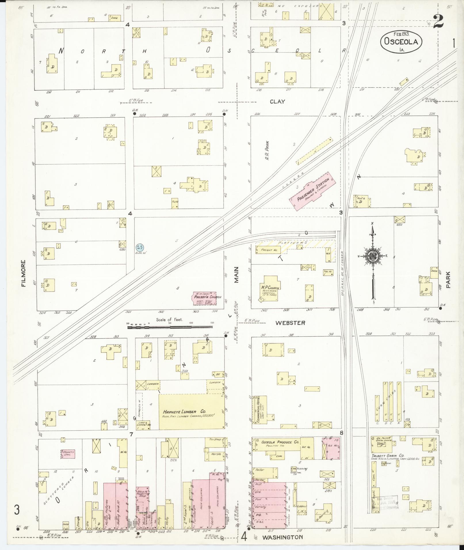 Sanborn Fire Insurance Map from Osceola, Clarke County, Iowa (1913), Sheet #0002 - Historic Sanborn Fire Insurance Map Print, vintage old map wall art