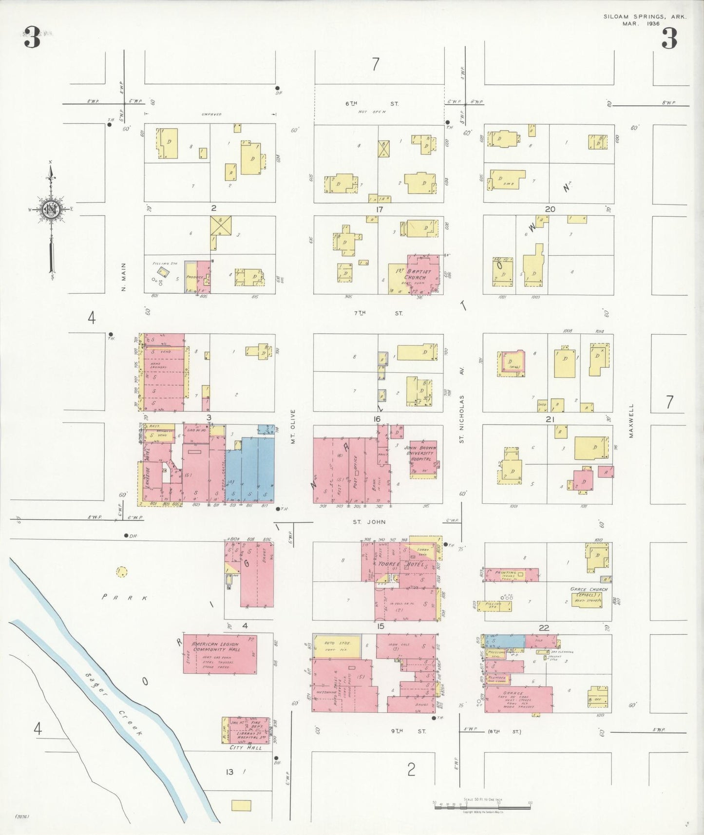 Sanborn Fire Insurance Map from Siloam Springs, Benton County, Arkansas (1936), Sheet #0003 - Complete Map Set gallery image, historic Sanborn map, vintage wall art, Arkansas Arkansas