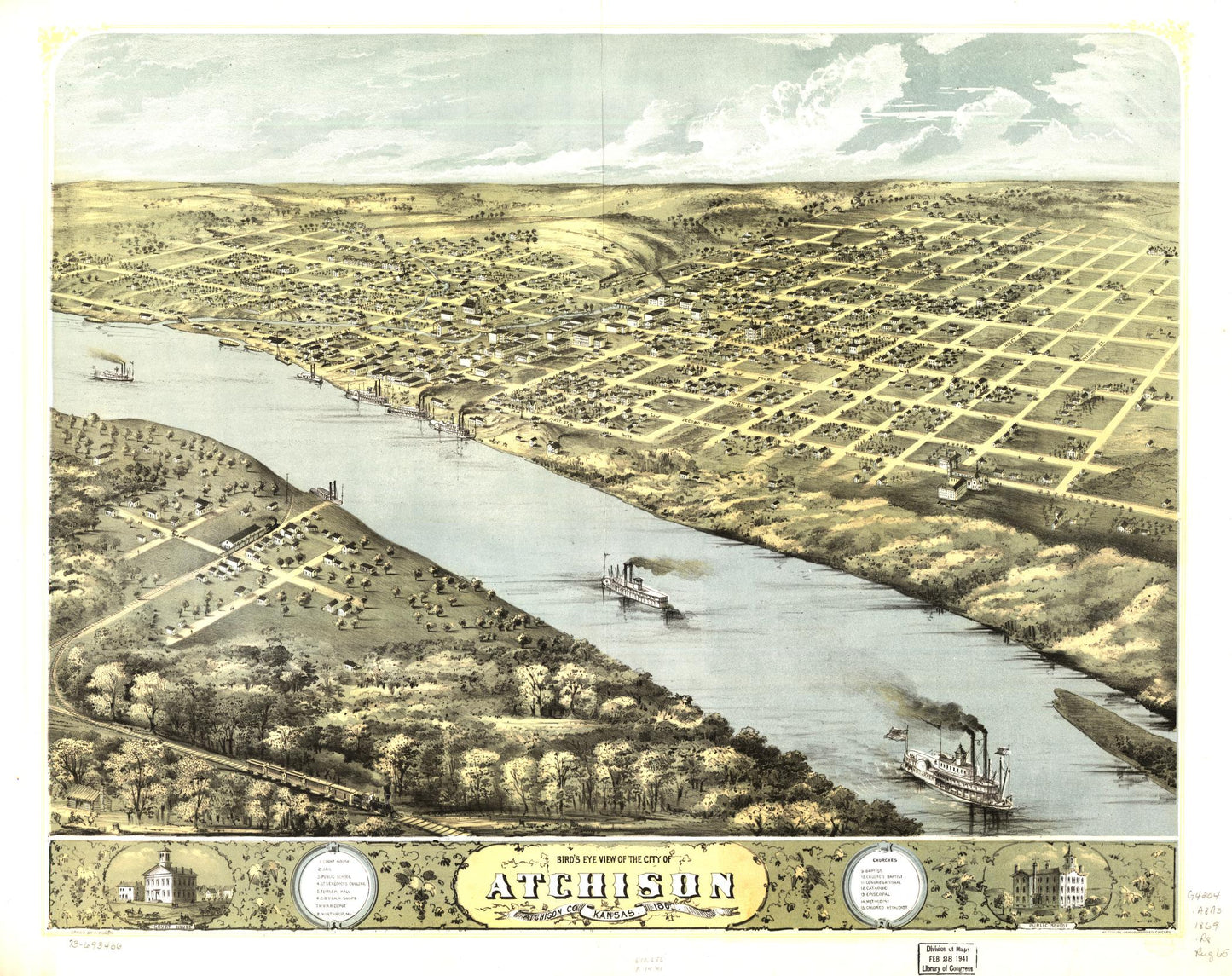 Bird's eye view of the city of Atchison, Atchison Co., Kansas 186[9] (1869) – Historic Bird’s-Eye View Panorama Print