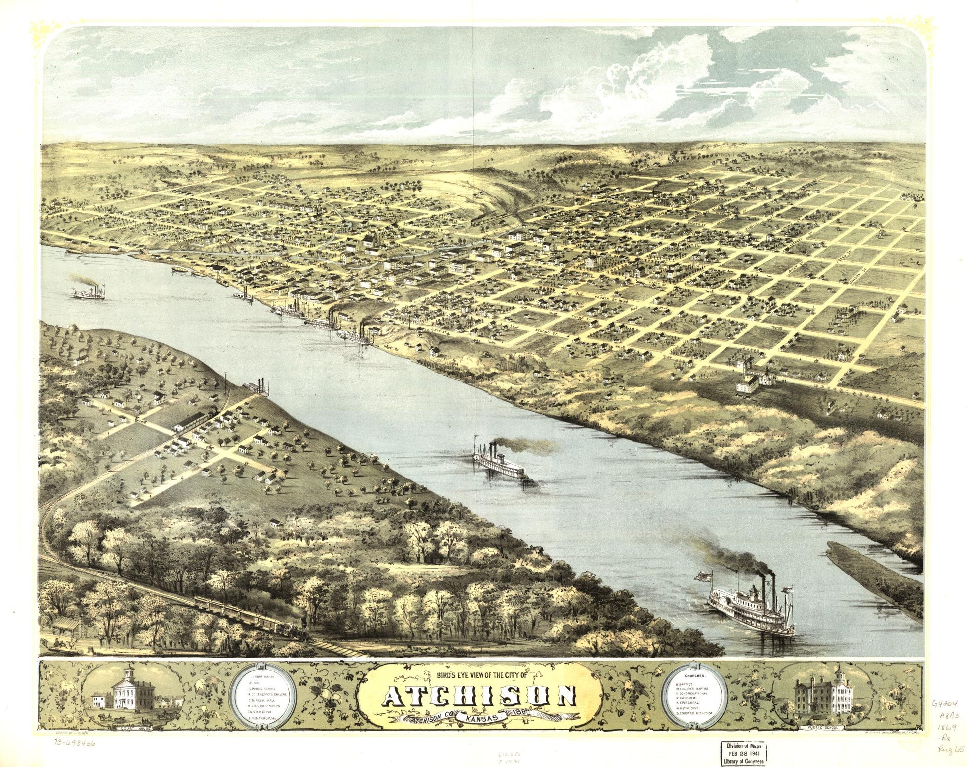 Bird's eye view of the city of Atchison, Atchison Co., Kansas 186[9] (1869) – Historic Bird’s-Eye View Panorama Print