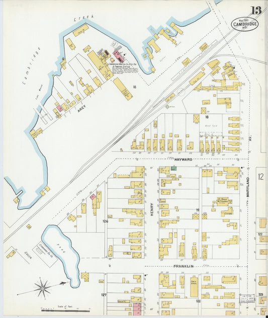 Dorchester, Maryland - 1901 - Sanborn Fire Insurance Map, Sheet #0013 - Historic Sanborn Fire Insurance Map Print, Dorchester Maryland 1901 0013 vintage old map wall art