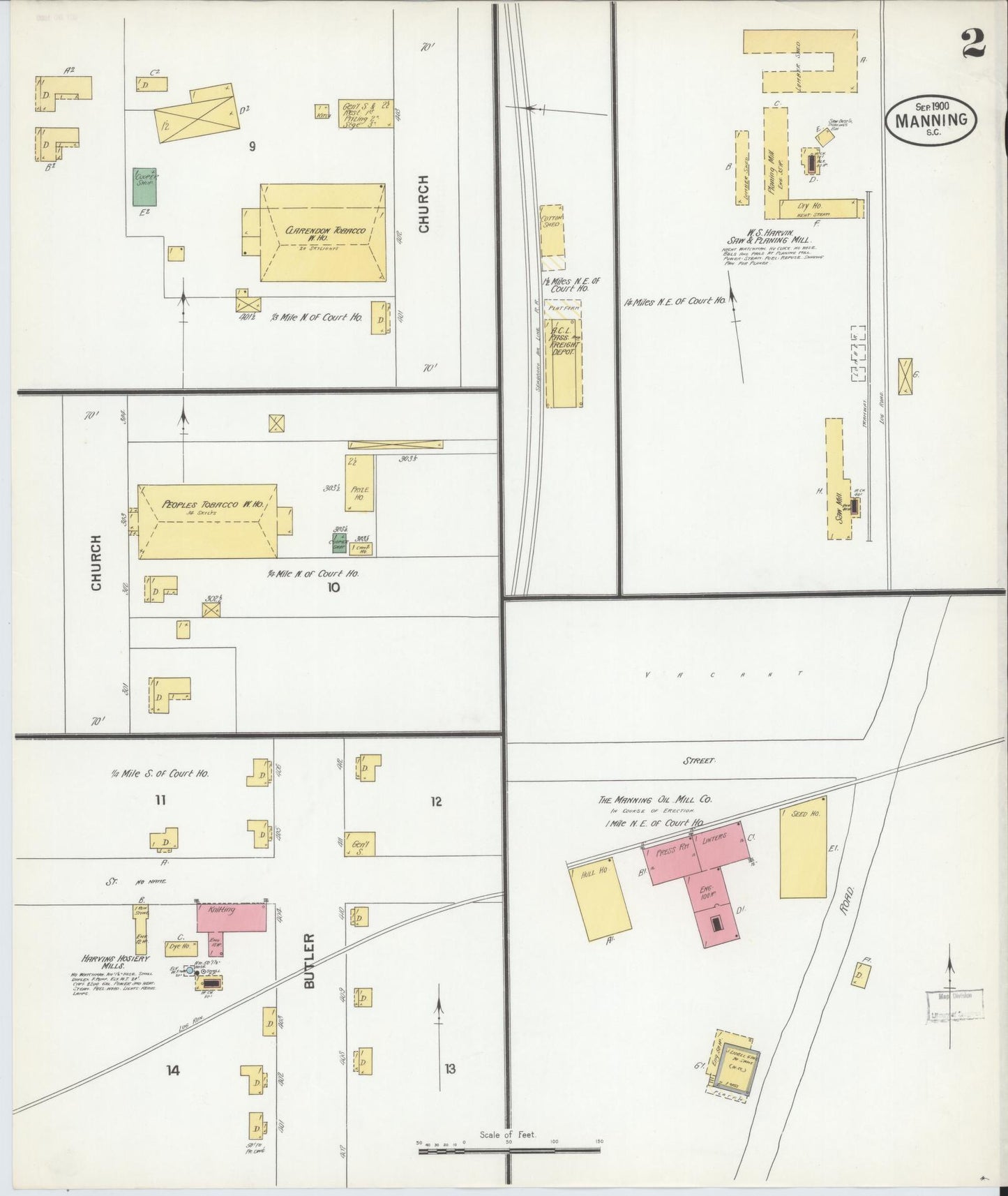 Sanborn Fire Insurance Map from Manning, Clarendon County, South Carolina (1900), Sheet #0002 - Historic Sanborn Fire Insurance Map Print, vintage old map wall art, antique decor, genealogy gift, South Carolina South Carolina map