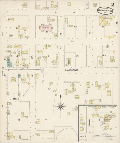 Sanborn Fire Insurance Map from Jacksonville, Jackson County, Oregon (1888), Sheet #0002 - Complete Map Set gallery image, historic Sanborn map, vintage wall art, Oregon Oregon