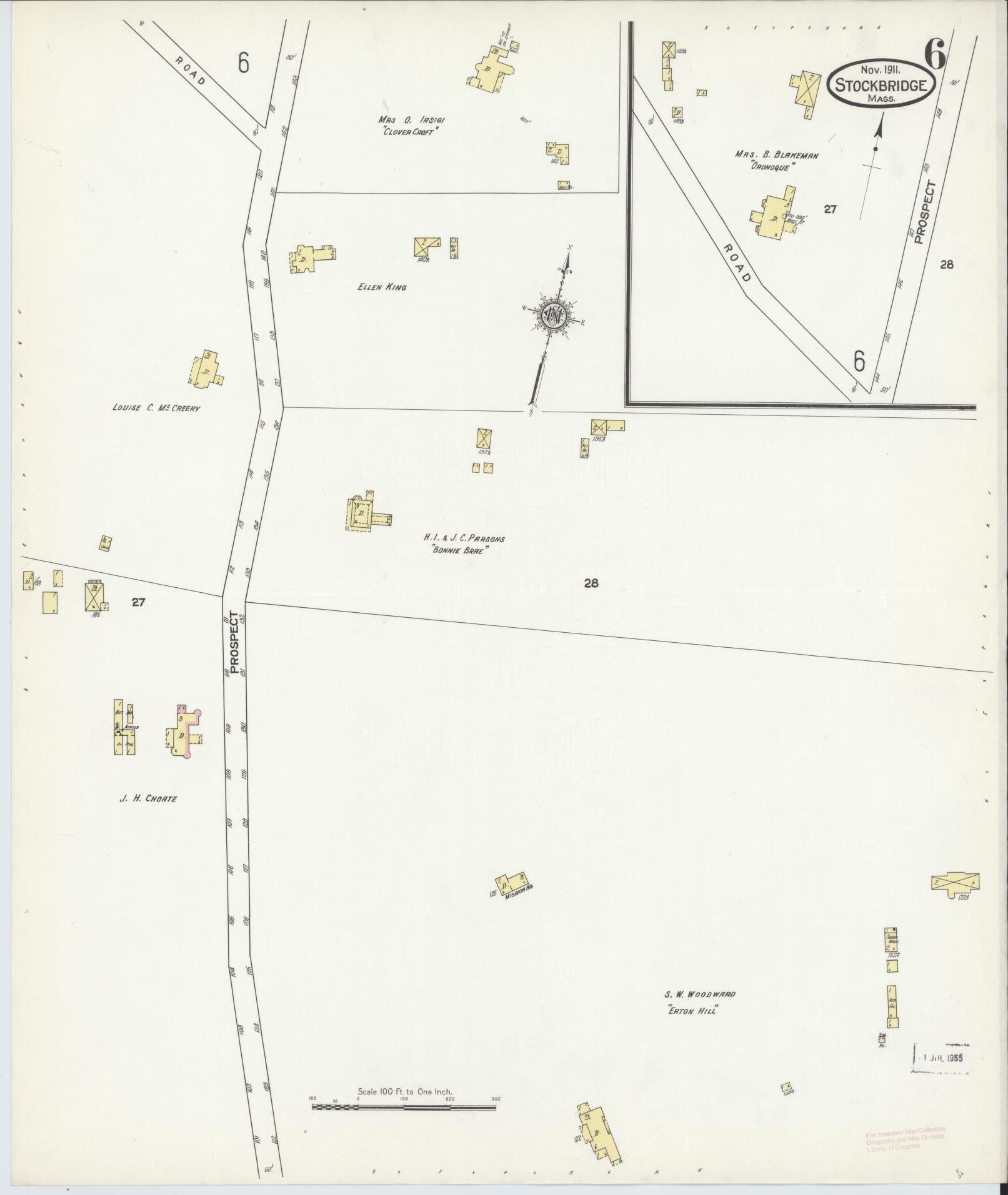 Sanborn Fire Insurance Map from Stockbridge, Berkshire County, Massachusetts (1911), Sheet #0006 - Historic Sanborn Fire Insurance Map Print, vintage old map wall art, antique decor, genealogy gift, Massachusetts Massachusetts map
