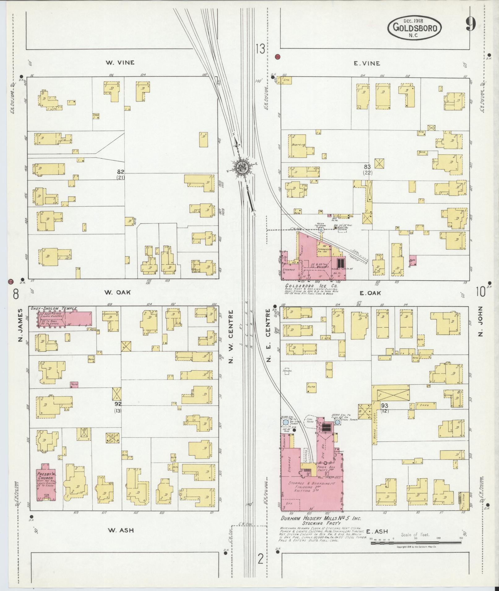Sanborn Fire Insurance Map from Goldsboro, Wayne County, North Carolina (1918), Sheet #0009 - Complete Map Set gallery image, historic Sanborn map, vintage wall art, North Carolina North Carolina