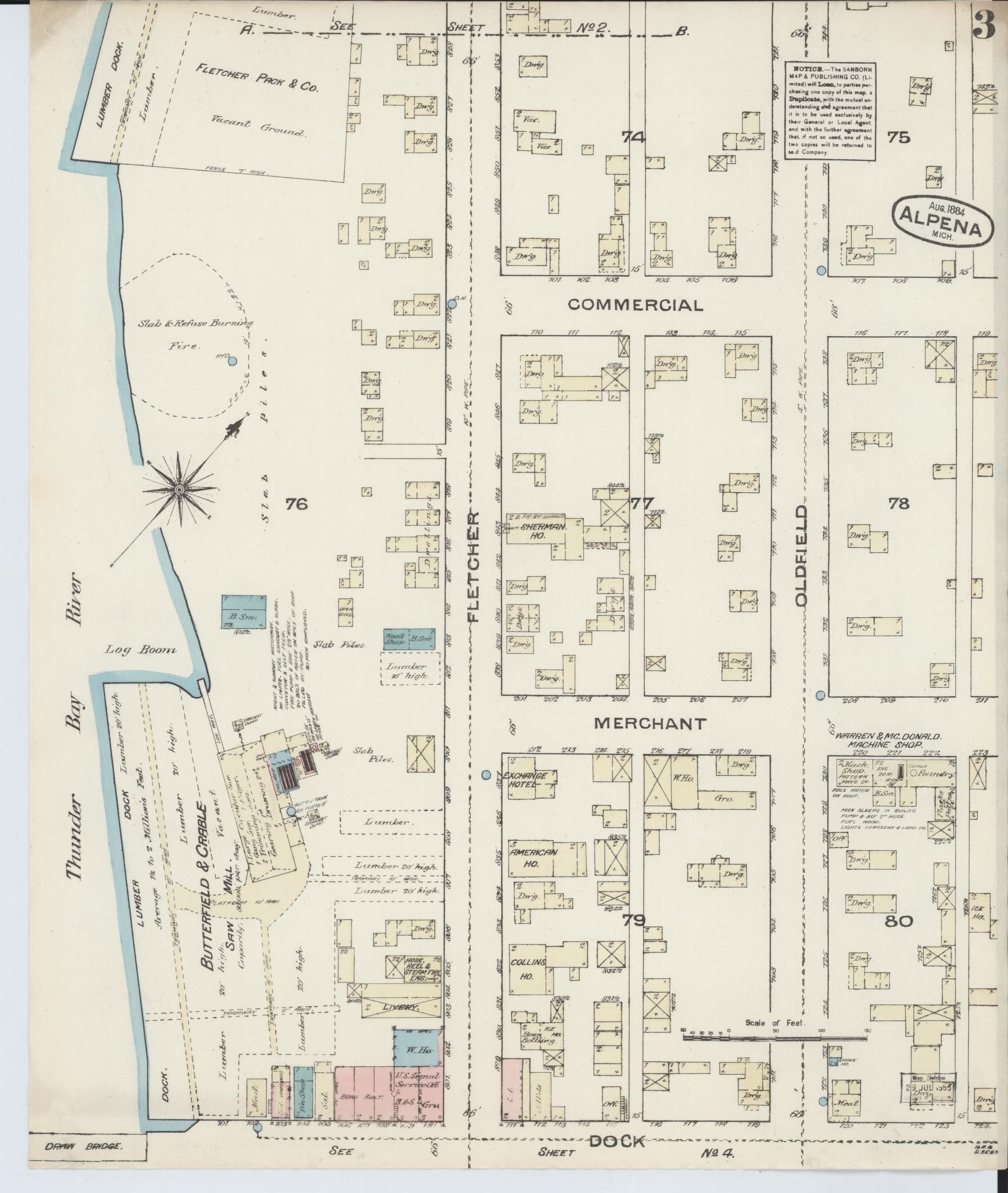 Sanborn Fire Insurance Map from Alpena, Alpena County, Michigan (1884), Sheet #0003 - Historic Sanborn Fire Insurance Map Print, vintage old map wall art, antique decor, genealogy gift, Michigan Michigan map
