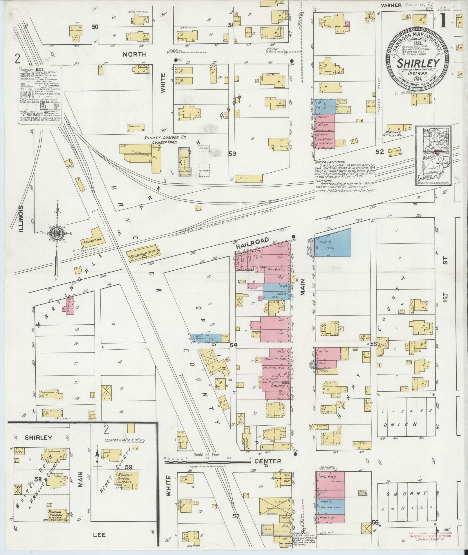 Sanborn Fire Insurance Map from Shirley, Hancock And Henry Counties, Indiana (1919), Sheet #0001 - Complete Map Set gallery image, historic Sanborn map, vintage wall art, Indiana Indiana