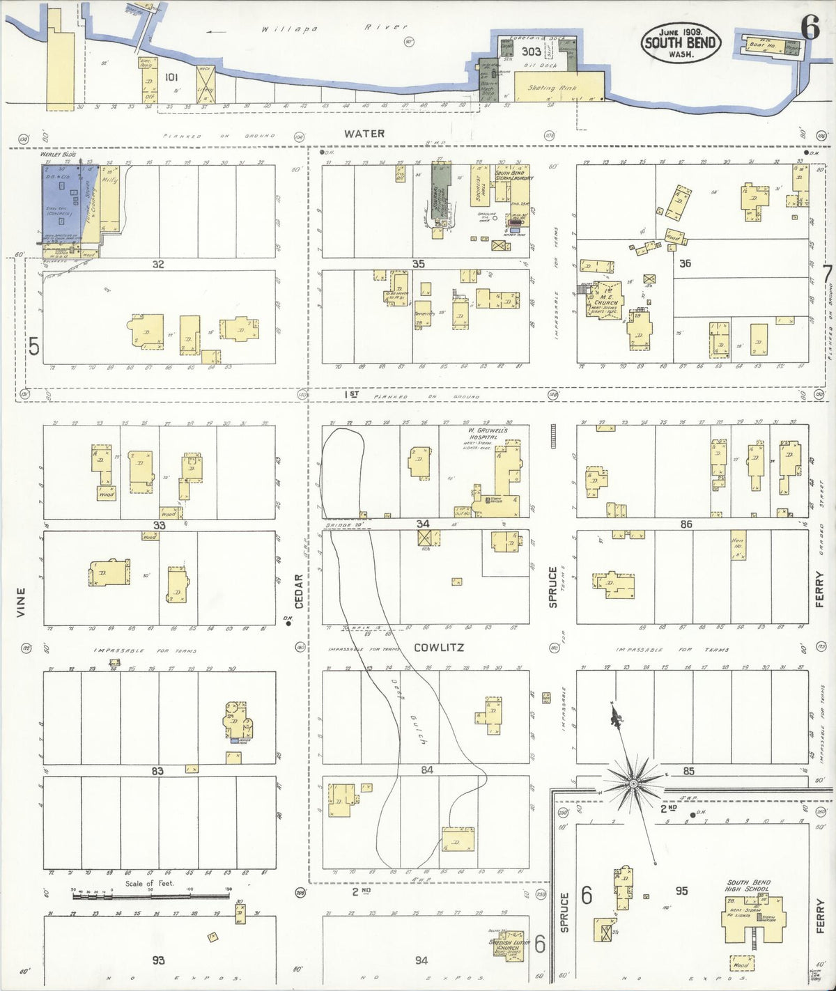 Sanborn Fire Insurance Map from South Bend, Pacific County, Washington (1909), Sheet #0006 - Historic Sanborn Fire Insurance Map Print, vintage old map wall art, antique decor, genealogy gift, Washington Washington map