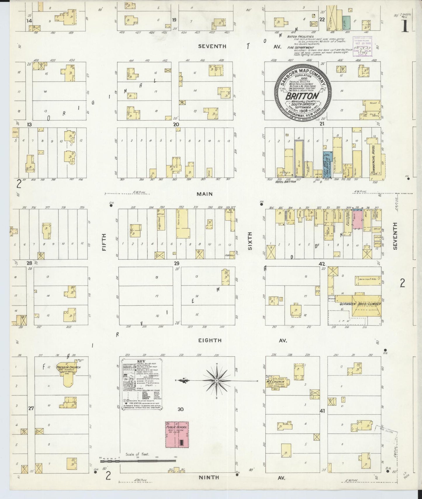 Sanborn Fire Insurance Map from Britton, Marshall County, South Dakota (1908), Sheet #0001 - Complete Map Set gallery image, historic Sanborn map, vintage wall art, South Dakota South Dakota