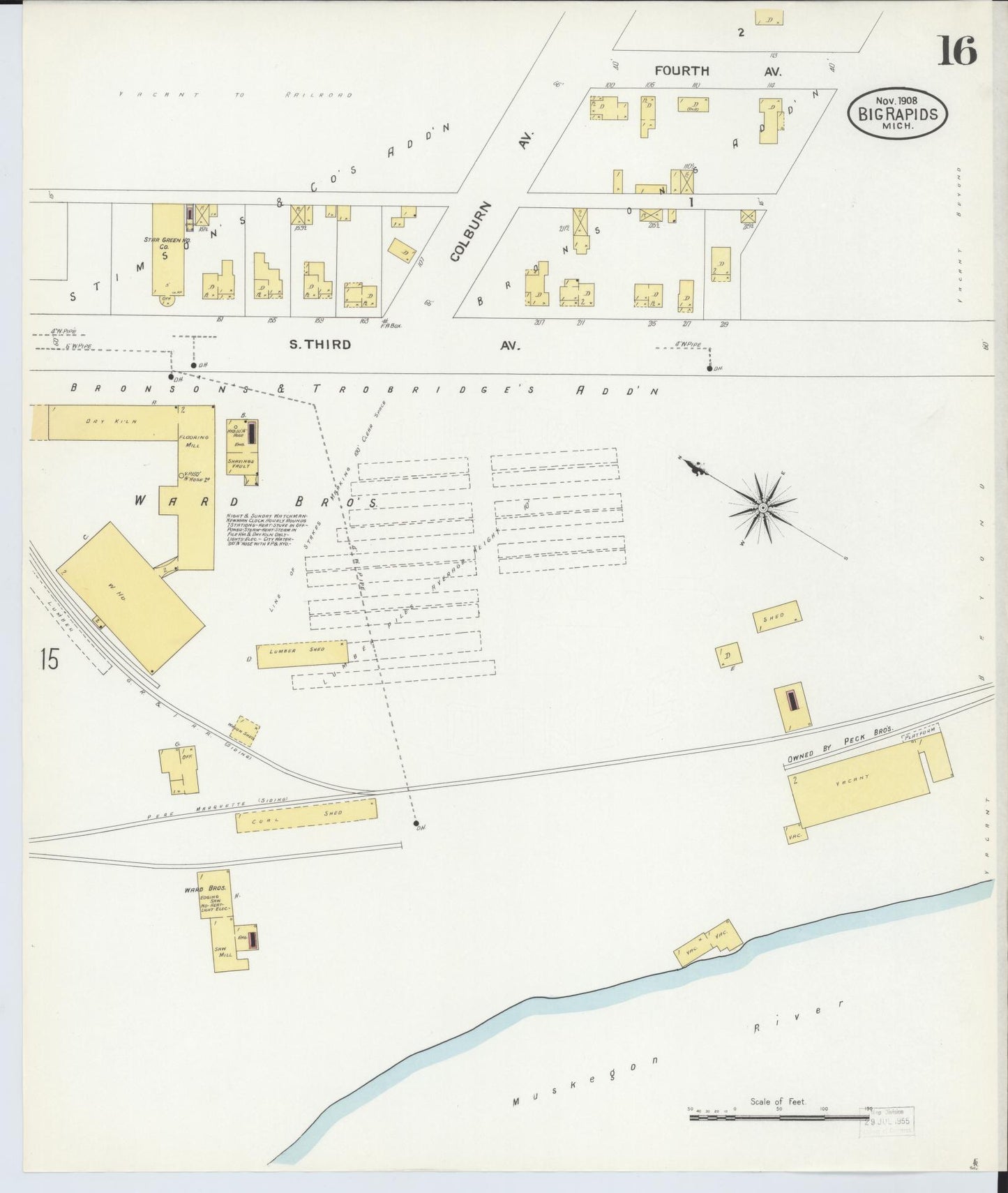 Sanborn Fire Insurance Map from Big Rapids, Mecosta County, Michigan (1908), Sheet #0016 - Complete Map Set gallery image, historic Sanborn map, vintage wall art, Michigan Michigan