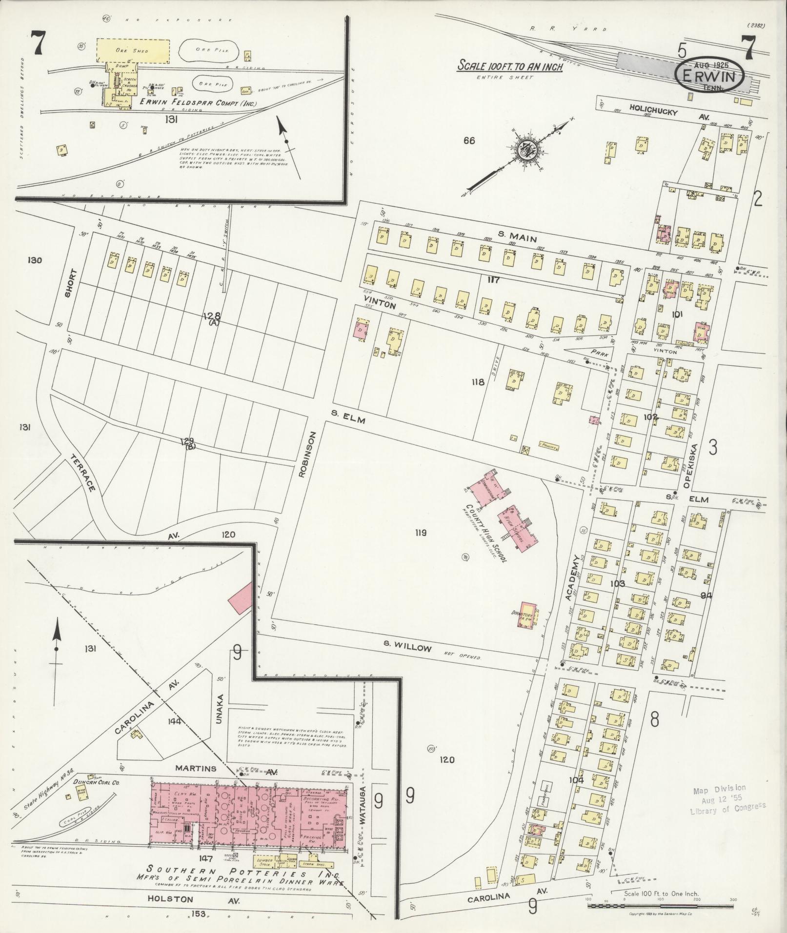 Sanborn Fire Insurance Map from Erwin, Unicoi County, Tennessee (1925), Sheet #0007 - Complete Map Set gallery image, historic Sanborn map, vintage wall art, Tennessee Tennessee