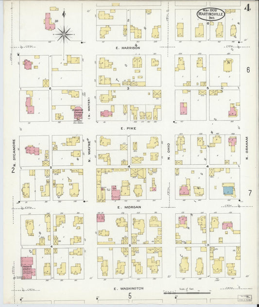 Sanborn Fire Insurance Map from Martinsville, Morgan County, Indiana (1908), Sheet #0004 - Historic Sanborn Fire Insurance Map Print, vintage old map wall art, antique decor, genealogy gift, Indiana Indiana map