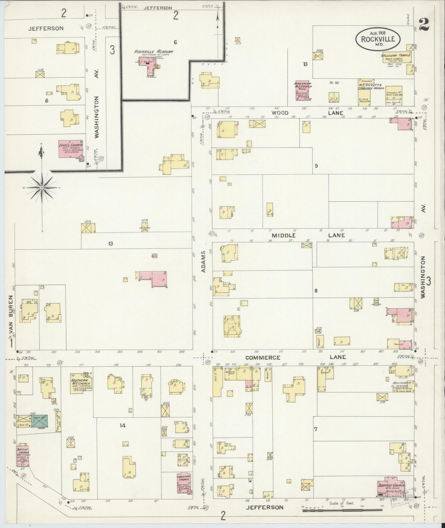 Sanborn Fire Insurance Map from Rockville, Montgomery County, Maryland (1908), Sheet #0002 - Historic Sanborn Fire Insurance Map Print, vintage old map wall art