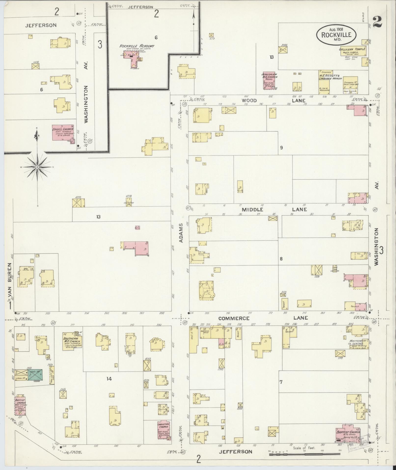 Sanborn Fire Insurance Map from Rockville, Montgomery County, Maryland (1908), Sheet #0002 - Historic Sanborn Fire Insurance Map Print, vintage old map wall art