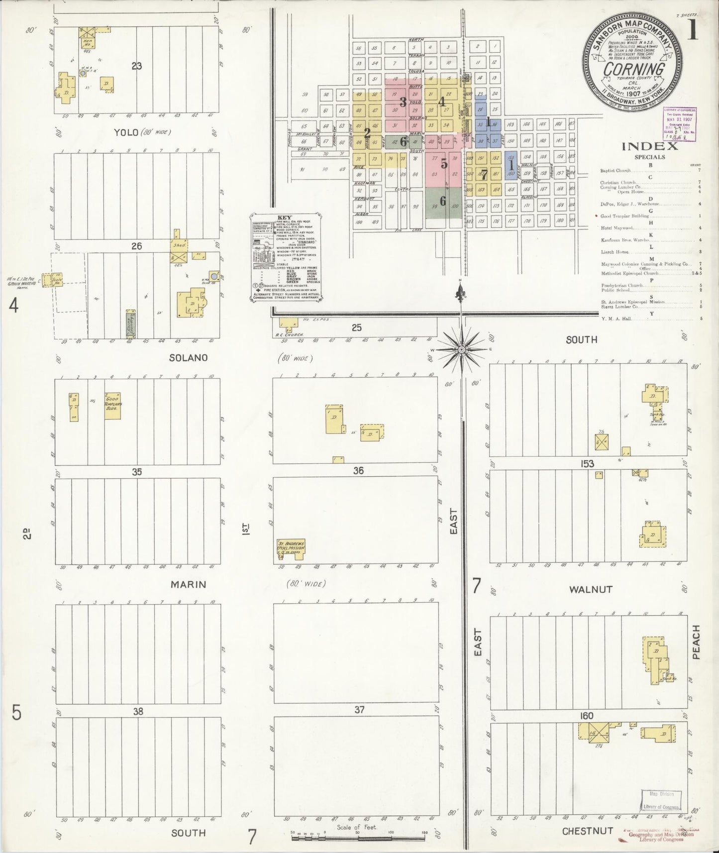 Sanborn Fire Insurance Map from Corning, Tehama County, California (1907), Sheet #0001 - Historic Sanborn Fire Insurance Map Print, vintage old map wall art, antique decor, genealogy gift, California California map