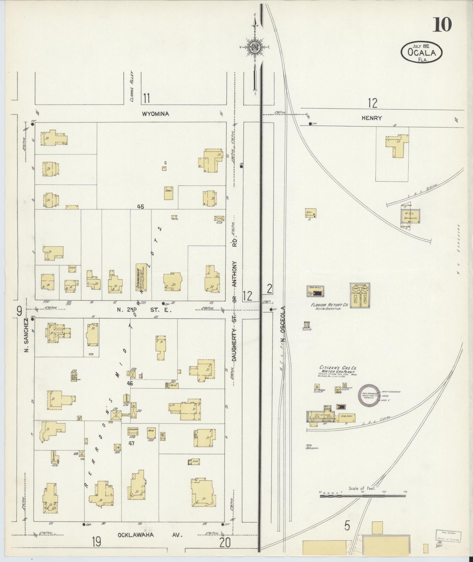 Sanborn Fire Insurance Map from Ocala, Marion County, Florida (1912), Sheet #0010 - Complete Map Set gallery image, historic Sanborn map, vintage wall art, Florida Florida