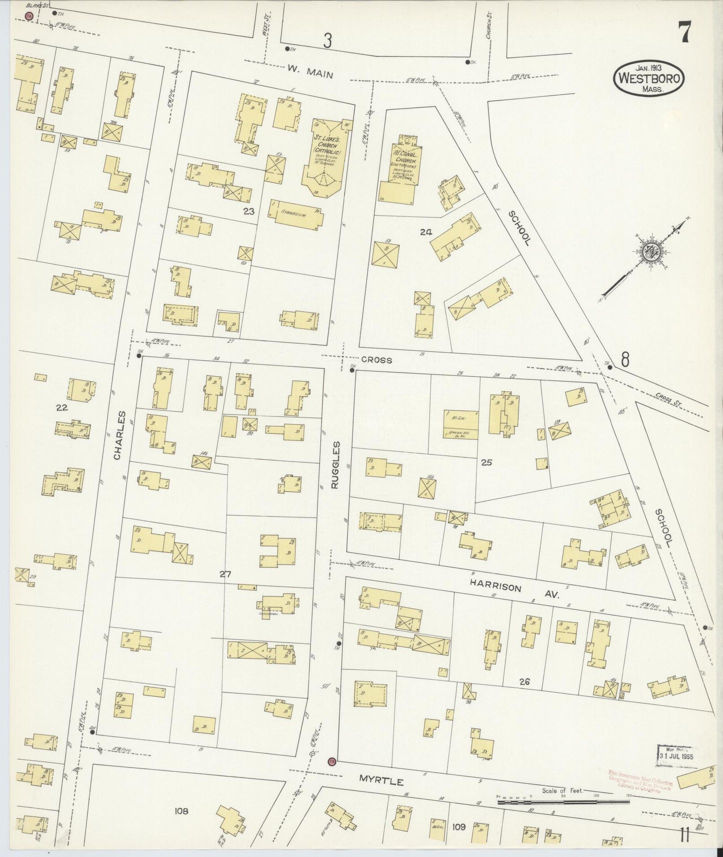 Sanborn Fire Insurance Map from Westboro, Worcester County, Massachusetts (1913), Sheet #0007 - Historic Sanborn Fire Insurance Map Print, vintage old map wall art, antique decor, genealogy gift, Massachusetts Massachusetts map