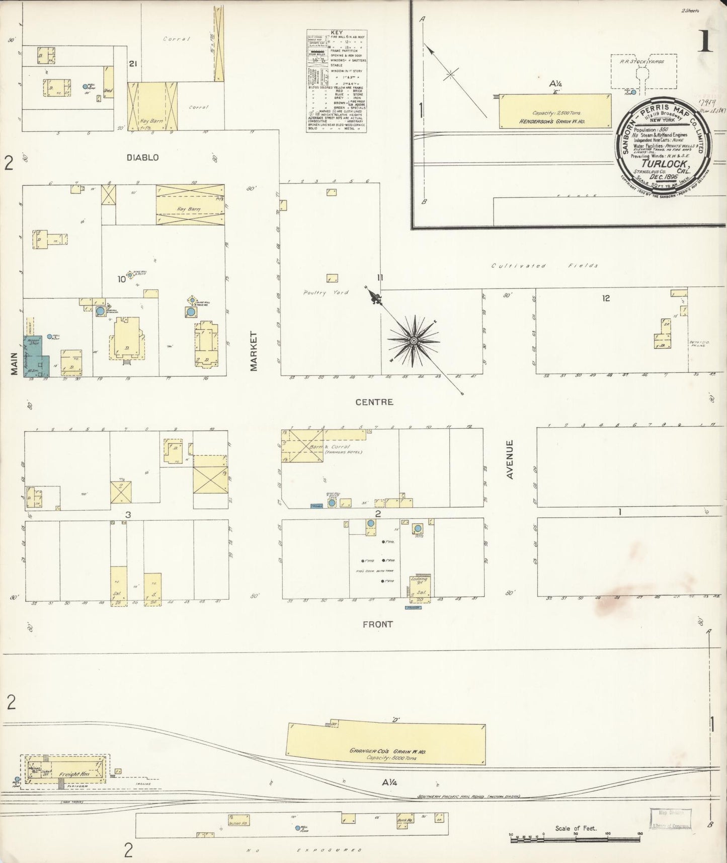 Sanborn Fire Insurance Map from Turlock, Stanislaus County, California (1896), Sheet #0001 - Complete Map Set gallery image, historic Sanborn map, vintage wall art, California California