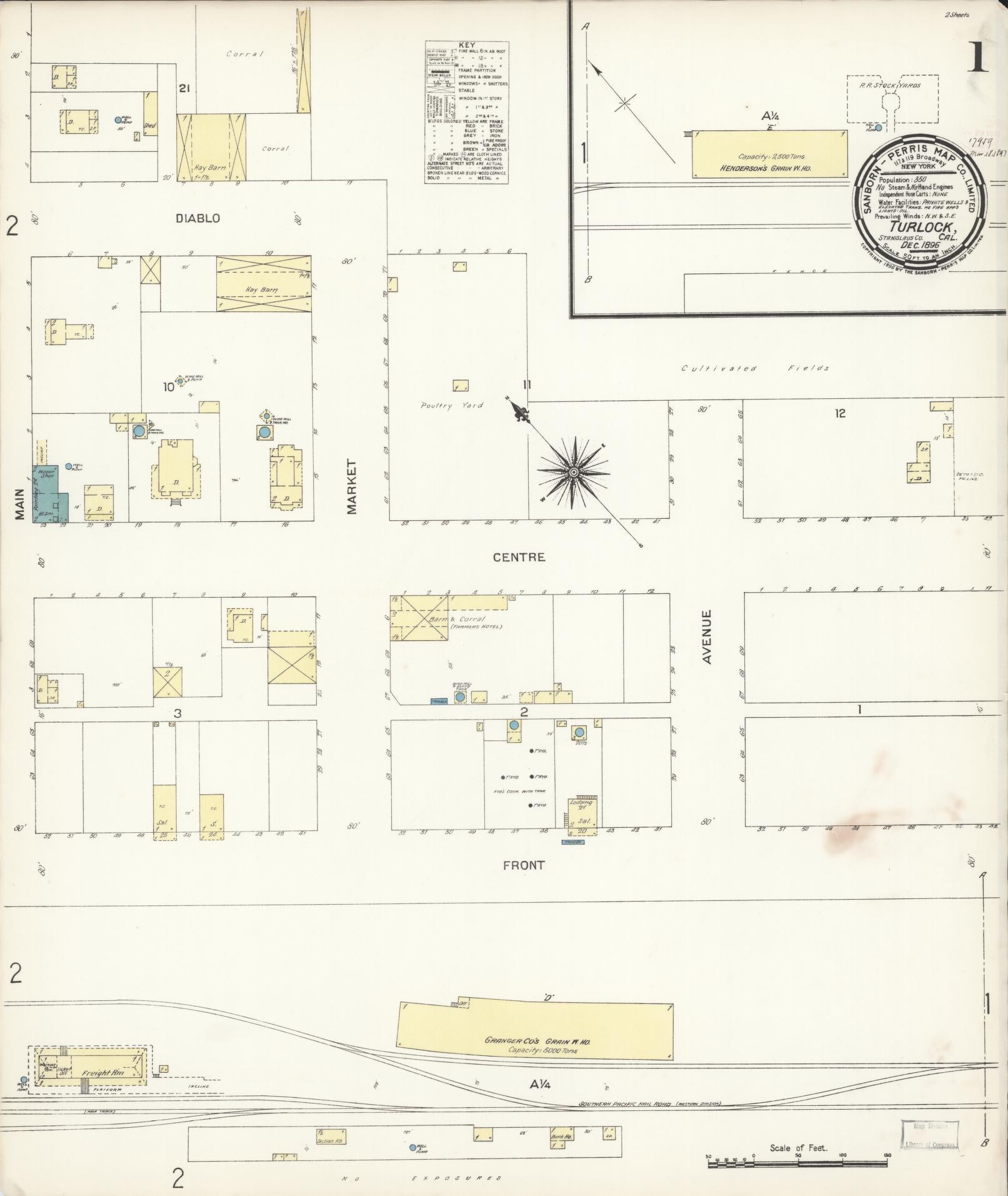 Sanborn Fire Insurance Map from Turlock, Stanislaus County, California (1896), Sheet #0001 - Complete Map Set gallery image, historic Sanborn map, vintage wall art, California California
