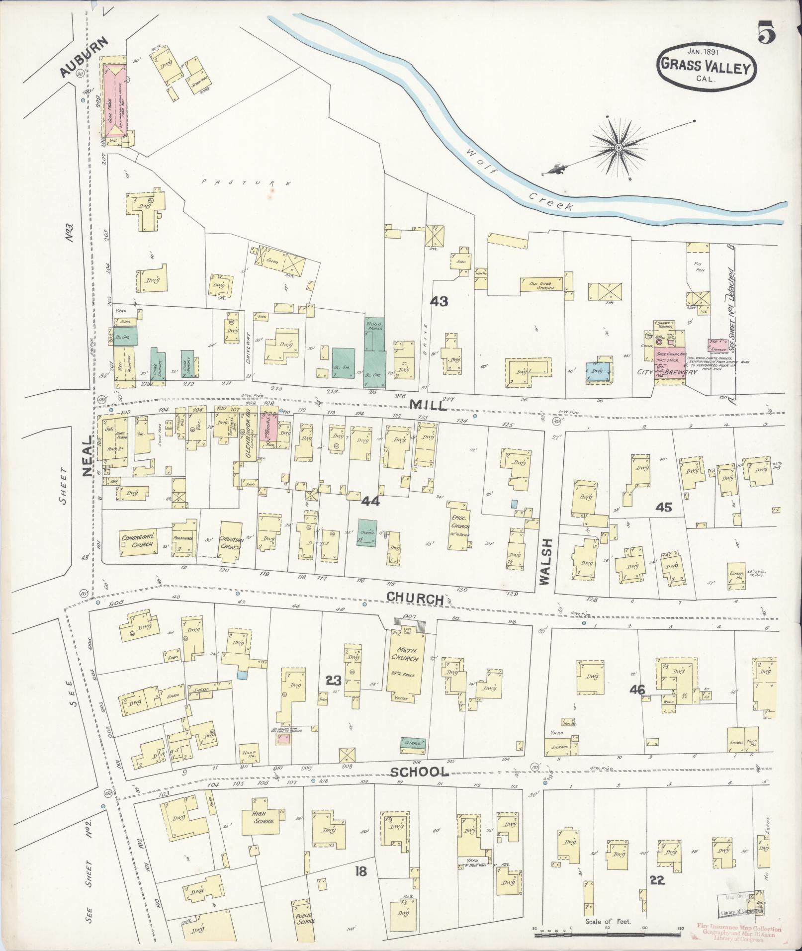 Sanborn Fire Insurance Map from Grass Valley, Nevada County, California (1891), Sheet #0005 - Historic Sanborn Fire Insurance Map Print, vintage old map wall art, antique decor, genealogy gift, California California map