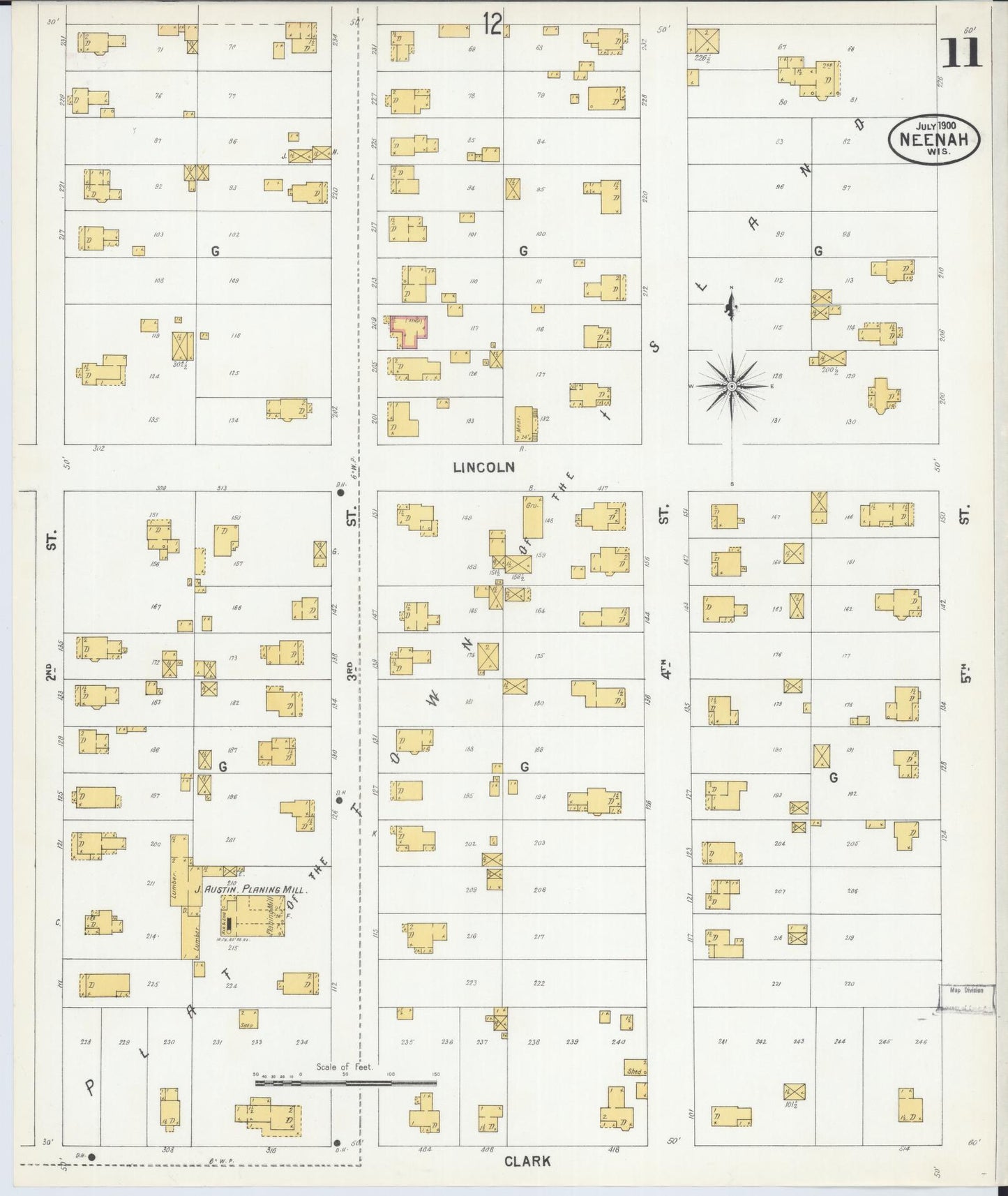 Sanborn Fire Insurance Map from Neenah, Winnebago County, Wisconsin (1900), Sheet #0011 - Historic Sanborn Fire Insurance Map Print, vintage old map wall art, antique decor, genealogy gift, Wisconsin Wisconsin map