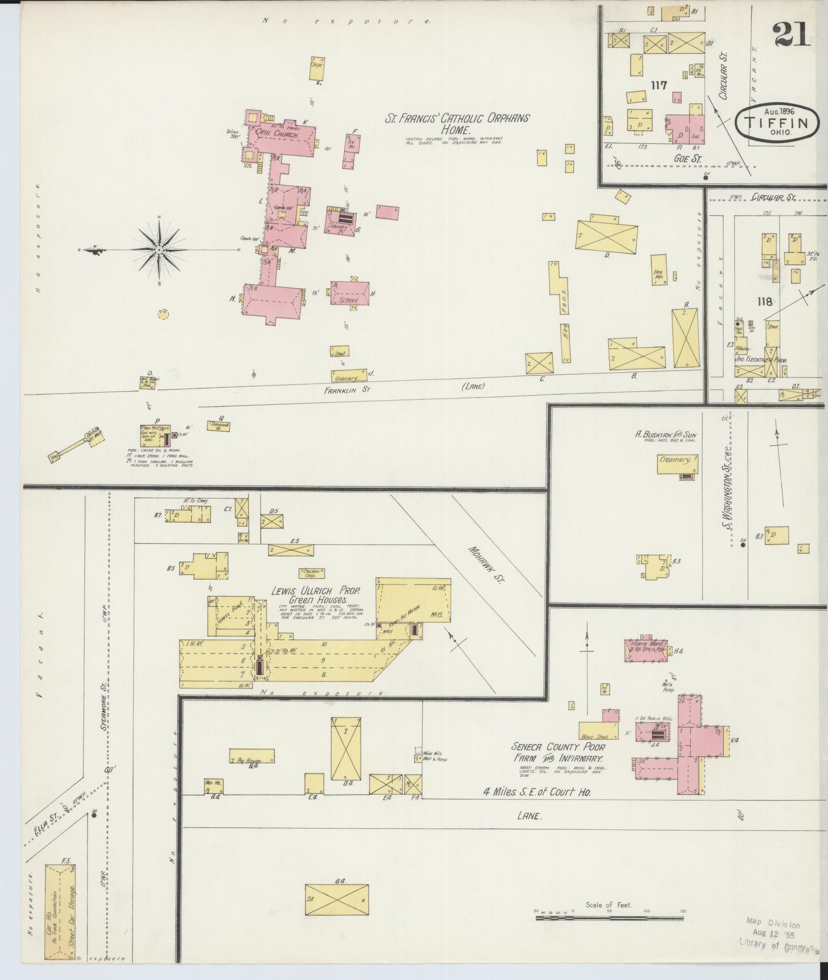 Sanborn Fire Insurance Map from Tiffin, Seneca County, Ohio (1896), Sheet #0021 - Complete Map Set gallery image, historic Sanborn map, vintage wall art, Ohio Ohio
