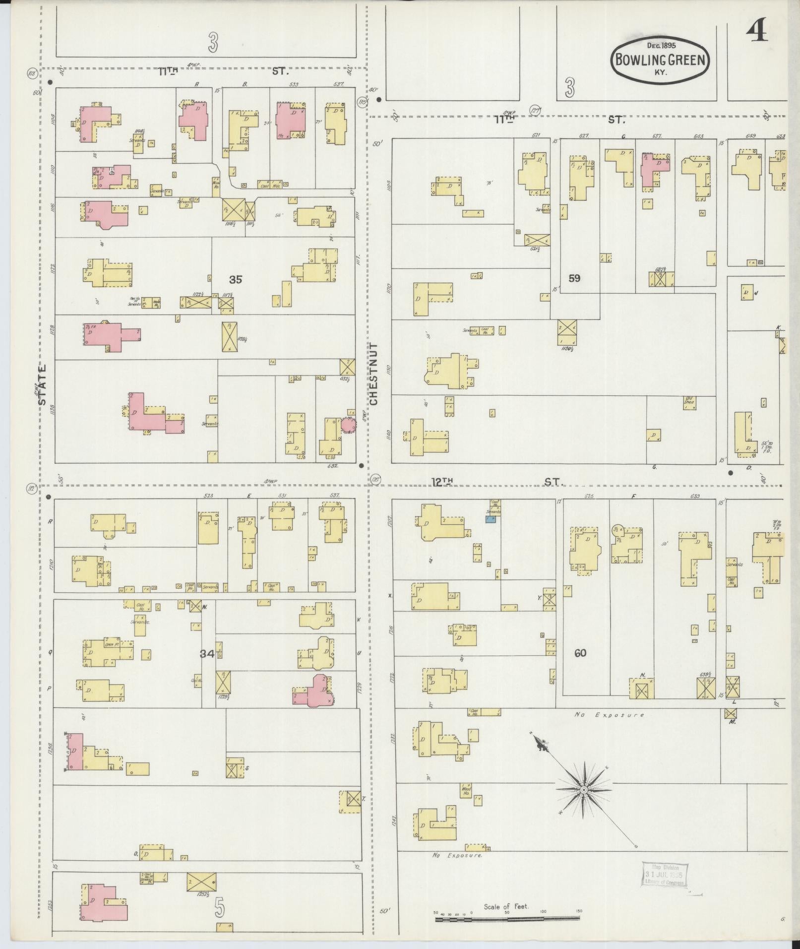 Sanborn Fire Insurance Map from Bowling Green, Warren County, Kentucky (1895), Sheet #0004 - Complete Map Set gallery image, historic Sanborn map, vintage wall art, Kentucky Kentucky