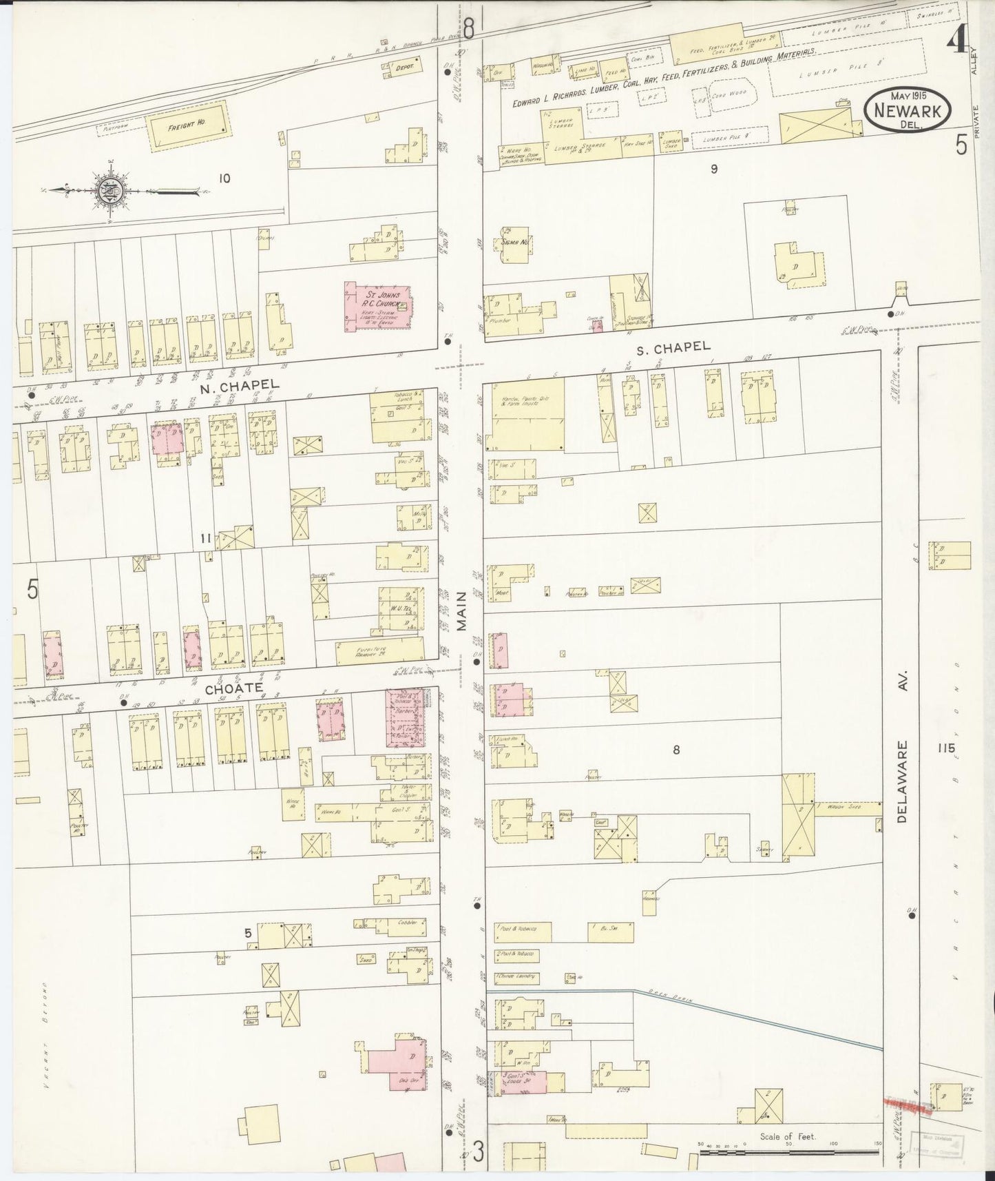 Sanborn Fire Insurance Map from Newark, New Castle County, Delaware (1915), Sheet #0004 - Complete Map Set gallery image, historic Sanborn map, vintage wall art, Delaware Delaware