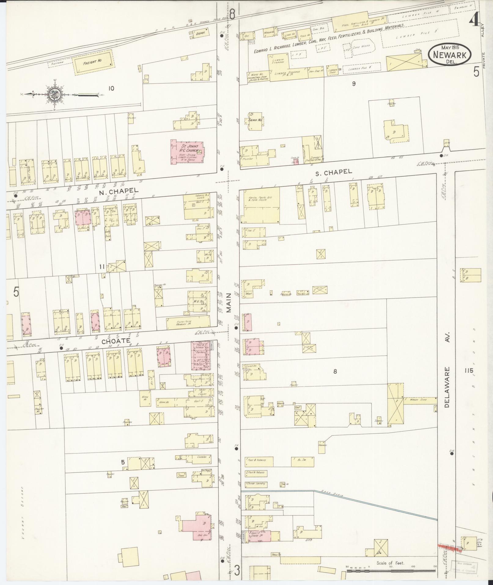 Sanborn Fire Insurance Map from Newark, New Castle County, Delaware (1915), Sheet #0004 - Complete Map Set gallery image, historic Sanborn map, vintage wall art, Delaware Delaware