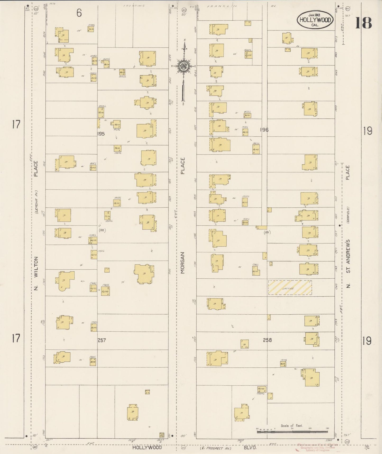 Sanborn Fire Insurance Map from Hollywood, Los Angeles County, California (1913), Sheet #0018 - Historic Sanborn Fire Insurance Map Print, vintage old map wall art, antique decor, genealogy gift, California California map