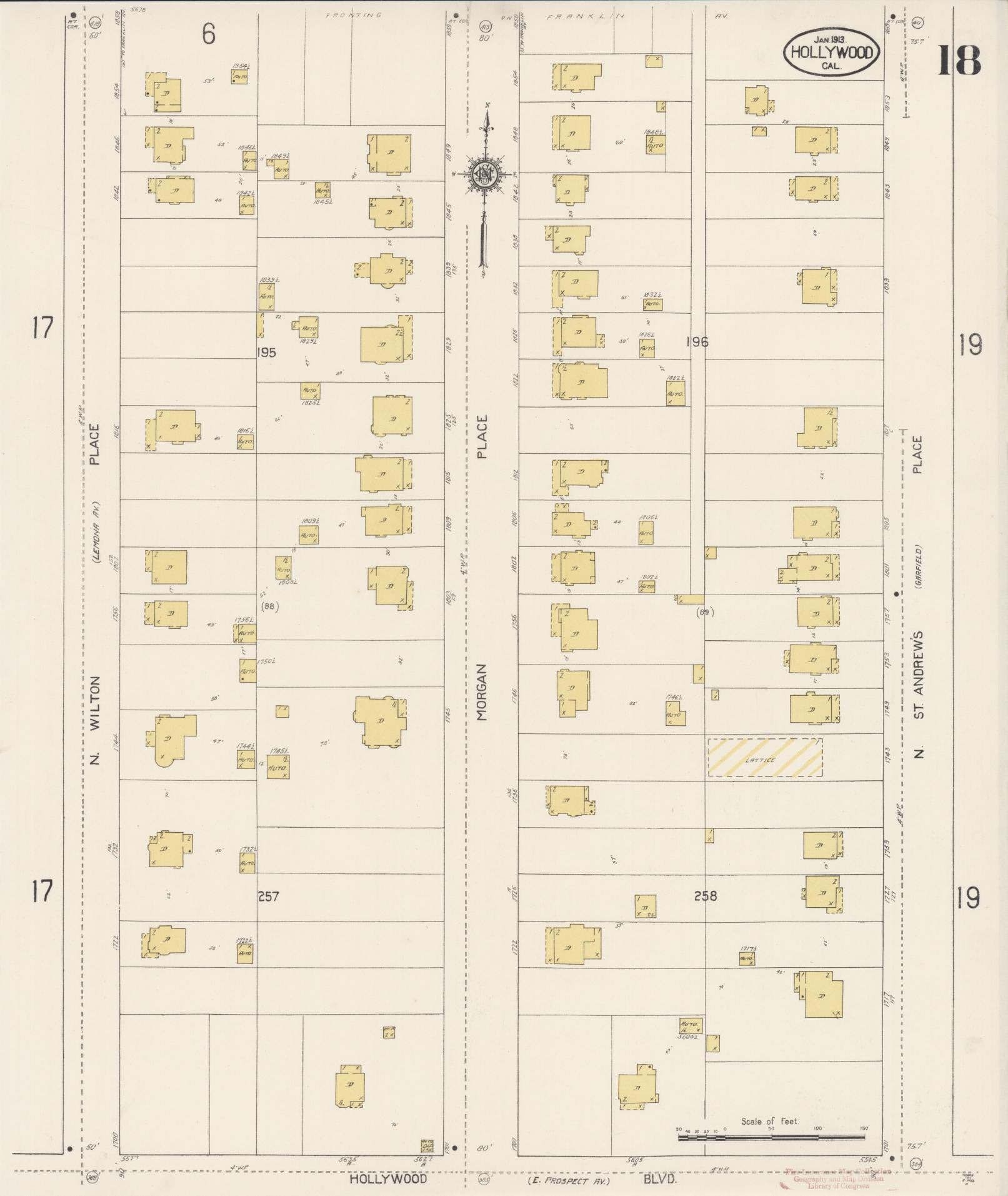 Sanborn Fire Insurance Map from Hollywood, Los Angeles County, California (1913), Sheet #0018 - Historic Sanborn Fire Insurance Map Print, vintage old map wall art, antique decor, genealogy gift, California California map