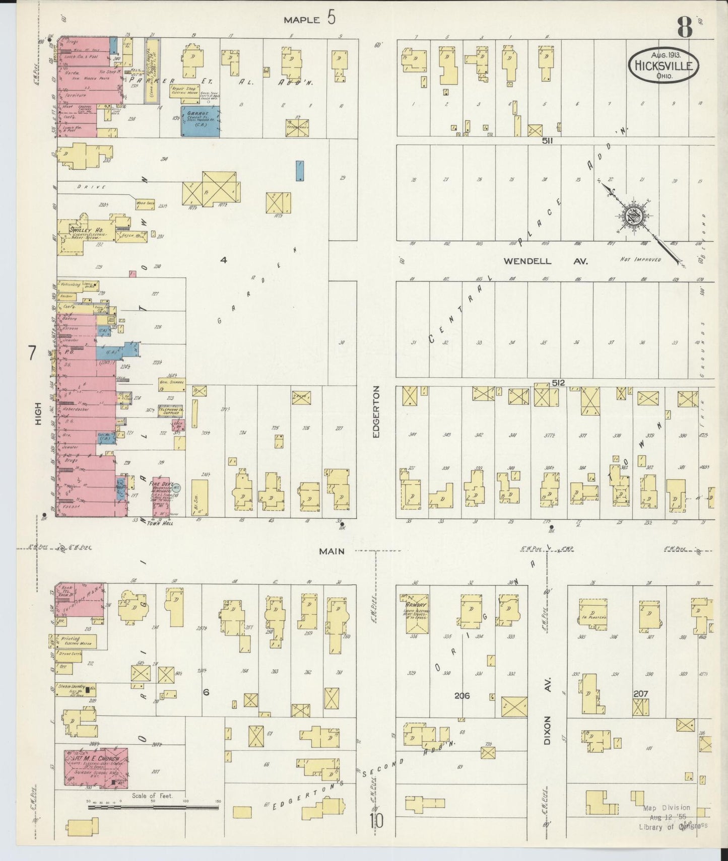 Sanborn Fire Insurance Map from Hicksville, Defiance County, Ohio (1913), Sheet #0008 - Historic Sanborn Fire Insurance Map Print, vintage old map wall art, antique decor, genealogy gift, Ohio Ohio map
