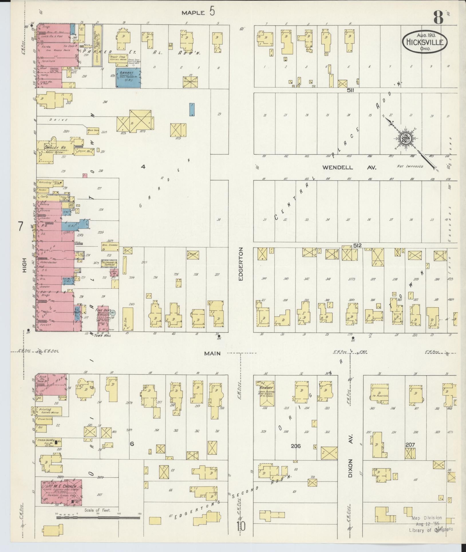 Sanborn Fire Insurance Map from Hicksville, Defiance County, Ohio (1913), Sheet #0008 - Historic Sanborn Fire Insurance Map Print, vintage old map wall art, antique decor, genealogy gift, Ohio Ohio map