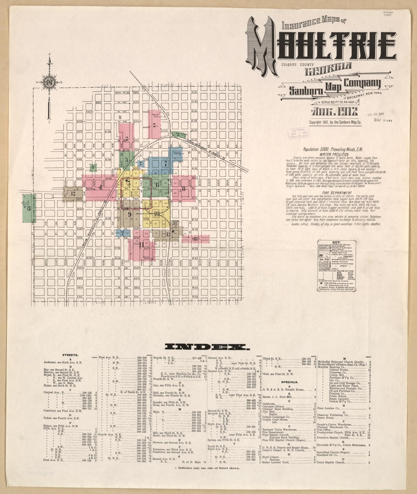 Sanborn Fire Insurance Map from Moultrie, Colquitt County, Georgia (1912), Sheet #0001 - Historic Sanborn Fire Insurance Map Print, vintage old map wall art, antique decor, genealogy gift, Georgia Georgia map