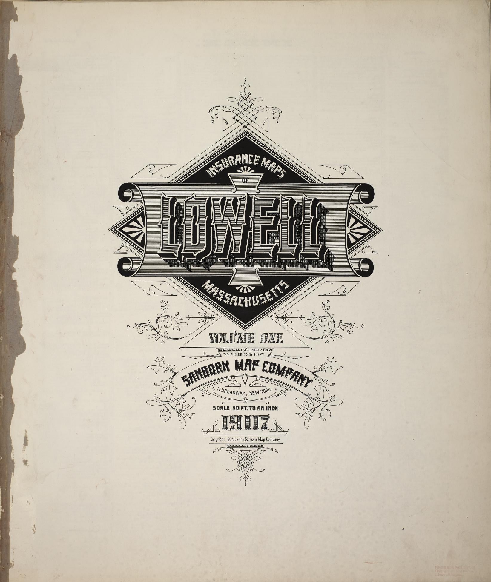Sanborn Fire Insurance Map from Lowell, Middlesex County, Massachusetts (1907), Sheet #0001 - Historic Sanborn Fire Insurance Map Print, vintage old map wall art, antique decor, genealogy gift, Massachusetts Massachusetts map