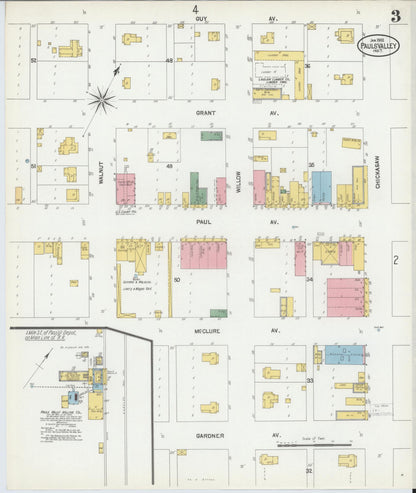 Sanborn Fire Insurance Map from Pauls Valley, Garvin County, Oklahoma (1902), Sheet #0003 - Complete Map Set gallery image, historic Sanborn map, vintage wall art, Oklahoma Oklahoma