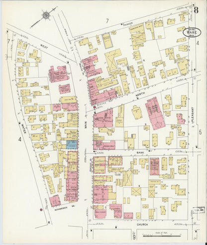 Sanborn Fire Insurance Map from Ware, Hampshire County, Massachusetts (1912), Sheet #0008 - Historic Sanborn Fire Insurance Map Print, vintage old map wall art, antique decor, genealogy gift, Massachusetts Massachusetts map