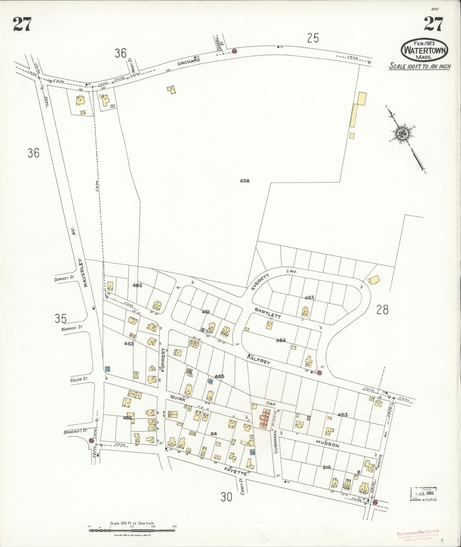 Sanborn Fire Insurance Map from Watertown, Middlesex County, Massachusetts (1923), Sheet #0027 - Historic Sanborn Fire Insurance Map Print, vintage old map wall art, antique decor, genealogy gift, Massachusetts Massachusetts map