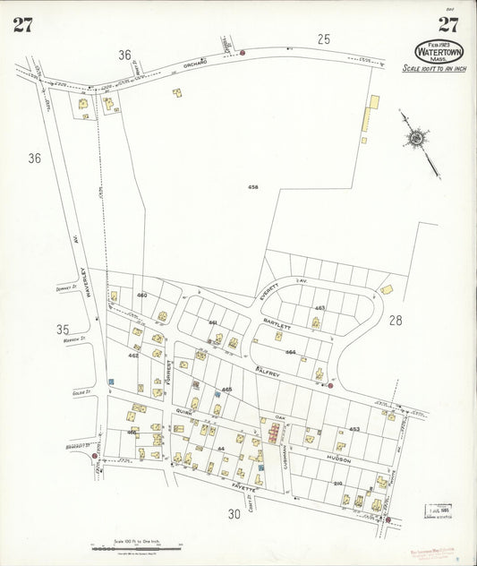 Sanborn Fire Insurance Map from Watertown, Middlesex County, Massachusetts (1923), Sheet #0027 - Historic Sanborn Fire Insurance Map Print, vintage old map wall art, antique decor, genealogy gift, Massachusetts Massachusetts map