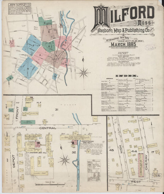 Sanborn Fire Insurance Map from Milford, Worcester County, Massachusetts (1885), Sheet #0001 - Historic Sanborn Fire Insurance Map Print, vintage old map wall art, antique decor, genealogy gift, Massachusetts Massachusetts map