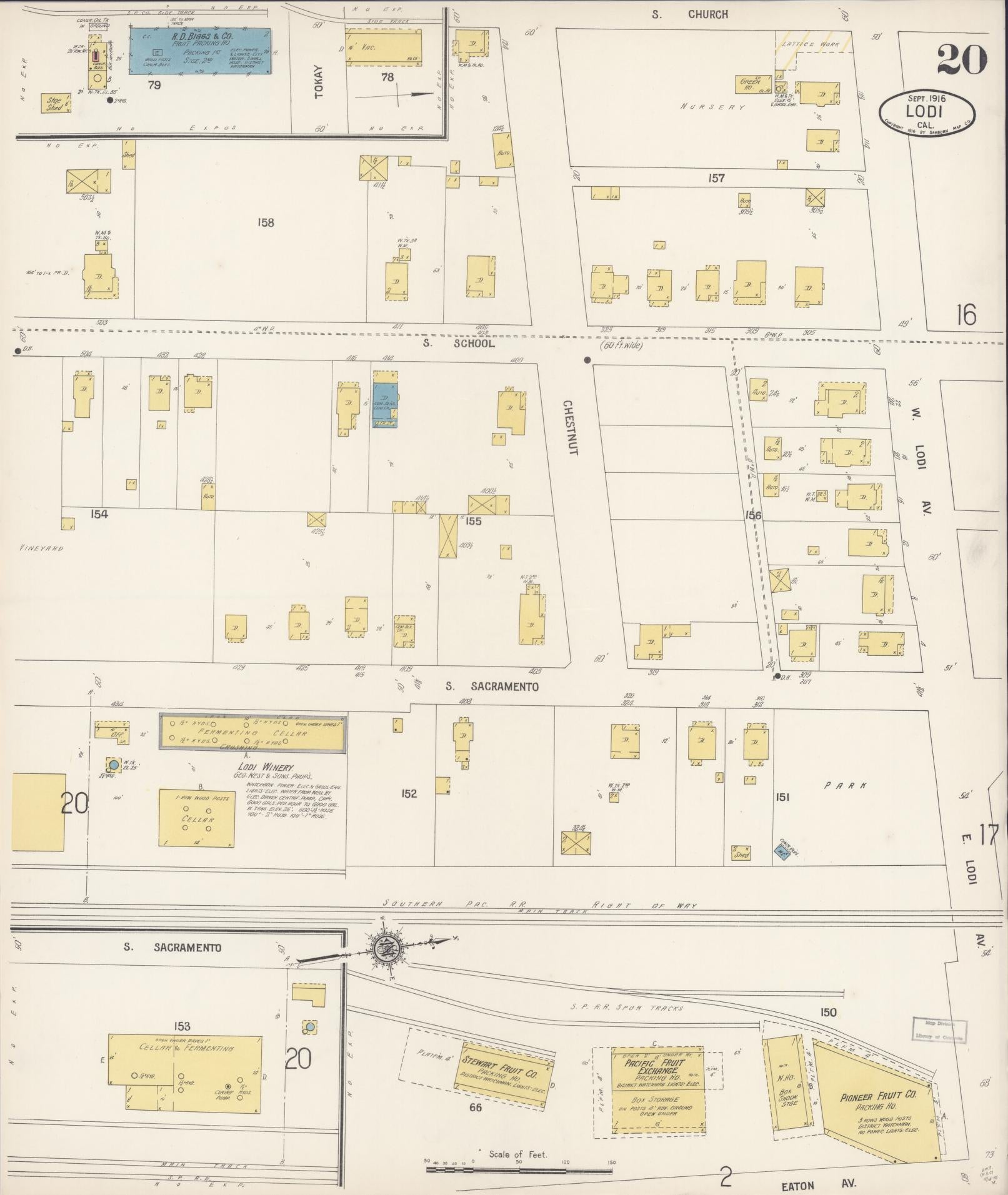 Sanborn Fire Insurance Map from Lodi, San Joaquin County, California (1916), Sheet #0020 - Historic Sanborn Fire Insurance Map Print, vintage old map wall art, antique decor, genealogy gift, California California map