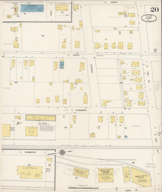 Sanborn Fire Insurance Map from Lodi, San Joaquin County, California (1916), Sheet #0020 - Historic Sanborn Fire Insurance Map Print, vintage old map wall art, antique decor, genealogy gift, California California map