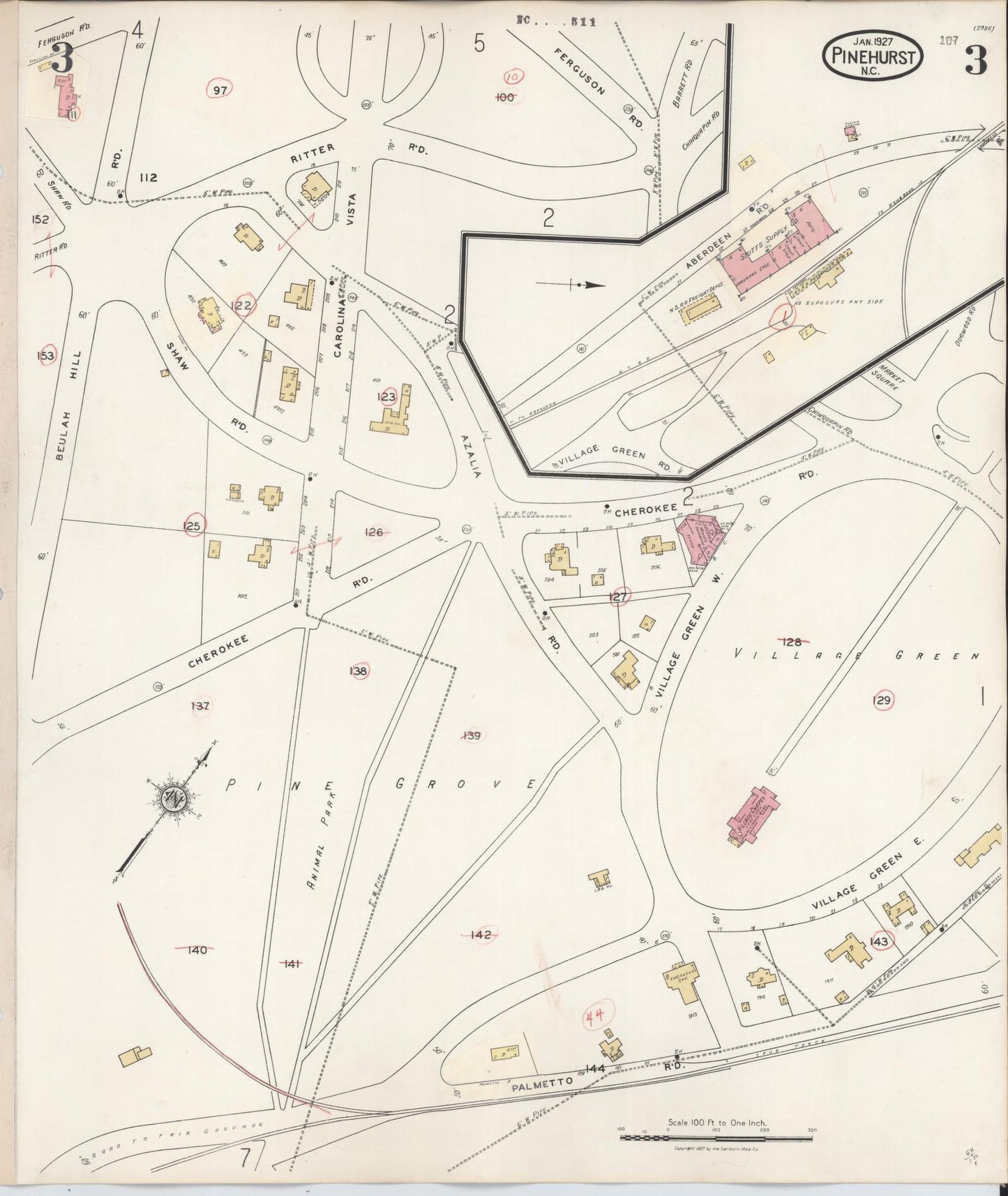 Sanborn Fire Insurance Map from Pinehurst, Moore County, North Carolina (1939), Sheet #0003 - Historic Sanborn Fire Insurance Map Print, vintage old map wall art, antique decor, genealogy gift, North Carolina North Carolina map