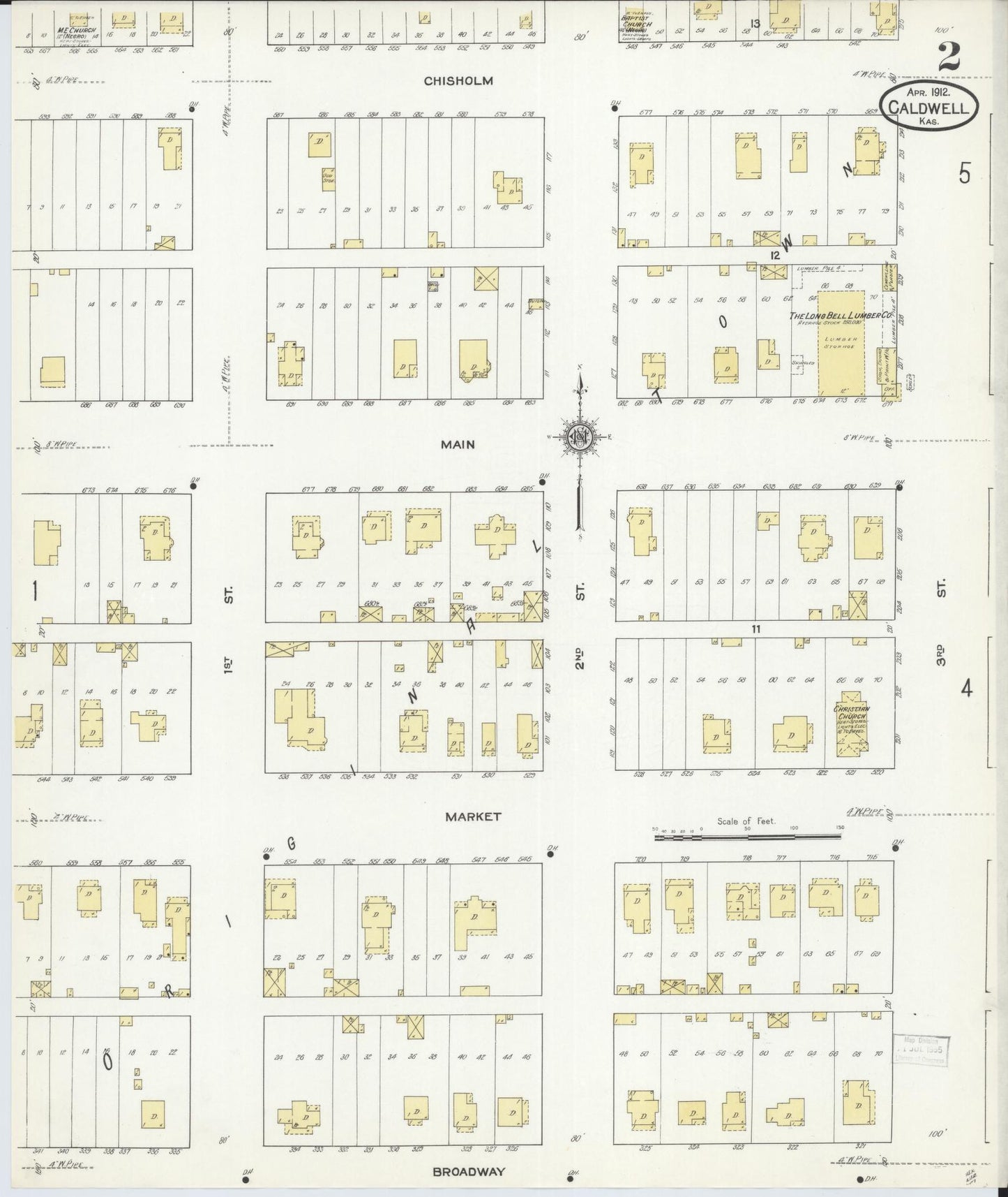 Sanborn Fire Insurance Map from Caldwell, Sumner County, Kansas (1912), Sheet #0002 - Complete Map Set gallery image, historic Sanborn map, vintage wall art, Kansas Kansas