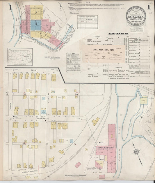 Sanborn Fire Insurance Map from Catawissa, Columbia County, Pennsylvania (1945), Sheet #0001 - Historic Sanborn Fire Insurance Map Print, vintage old map wall art, antique decor, genealogy gift, Pennsylvania Pennsylvania map