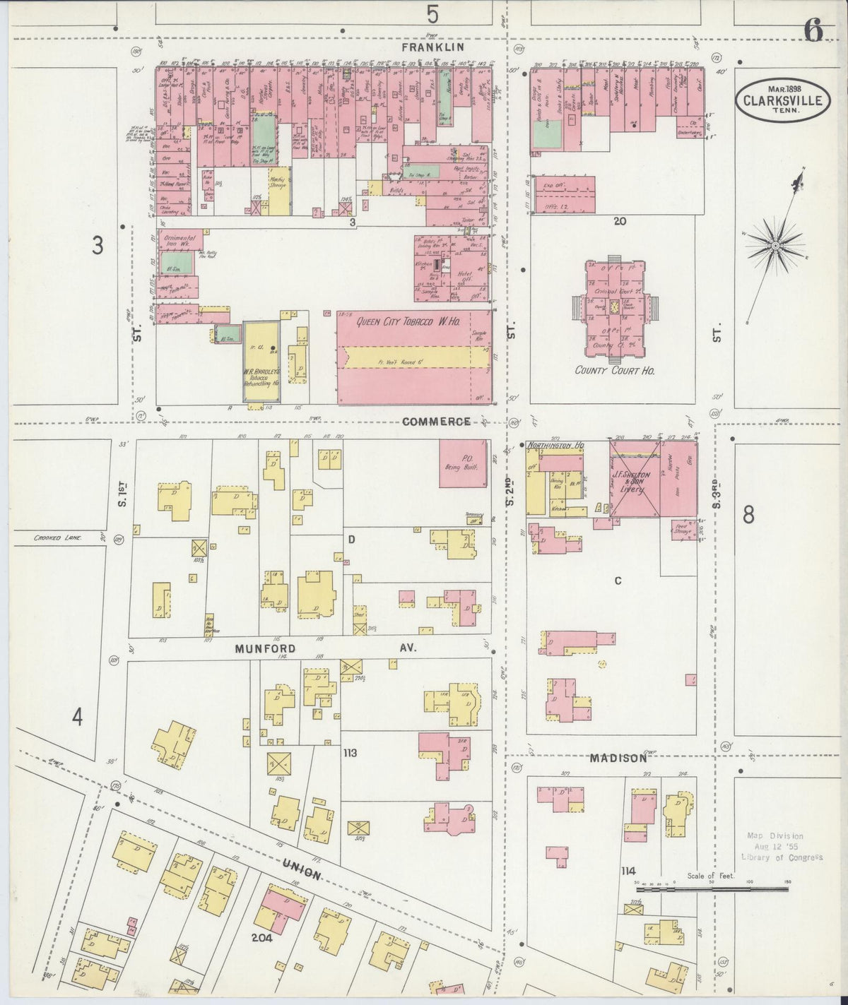 Sanborn Fire Insurance Map from Clarksville, Montgomery County, Tennessee (1898), Sheet #0006 - Historic Sanborn Fire Insurance Map Print, vintage old map wall art, antique decor, genealogy gift, Tennessee Tennessee map