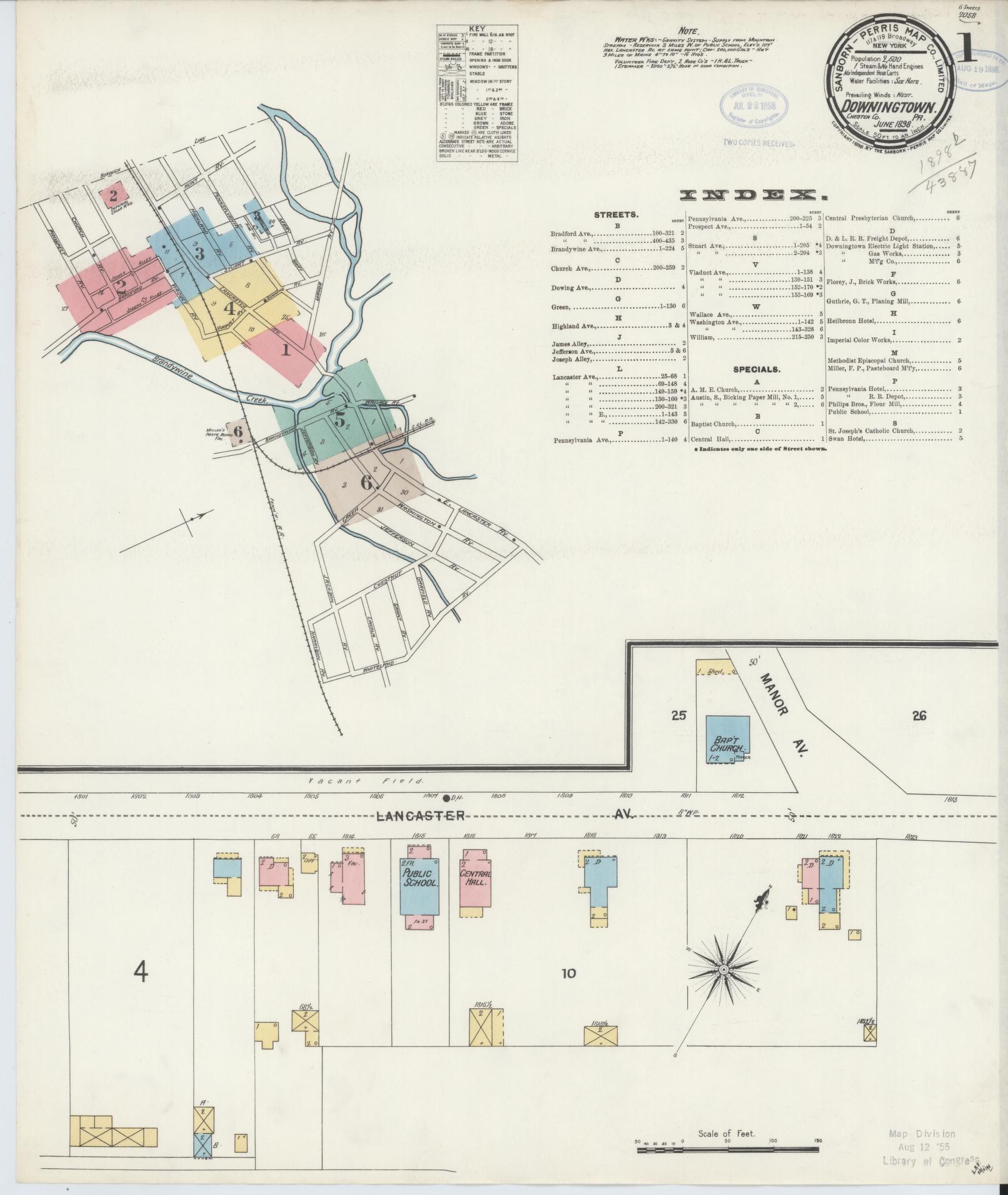 Sanborn Fire Insurance Map from Downingtown, Chester County, Pennsylvania (1898), Sheet #0001 - Historic Sanborn Fire Insurance Map Print, vintage old map wall art, antique decor, genealogy gift, Pennsylvania Pennsylvania map