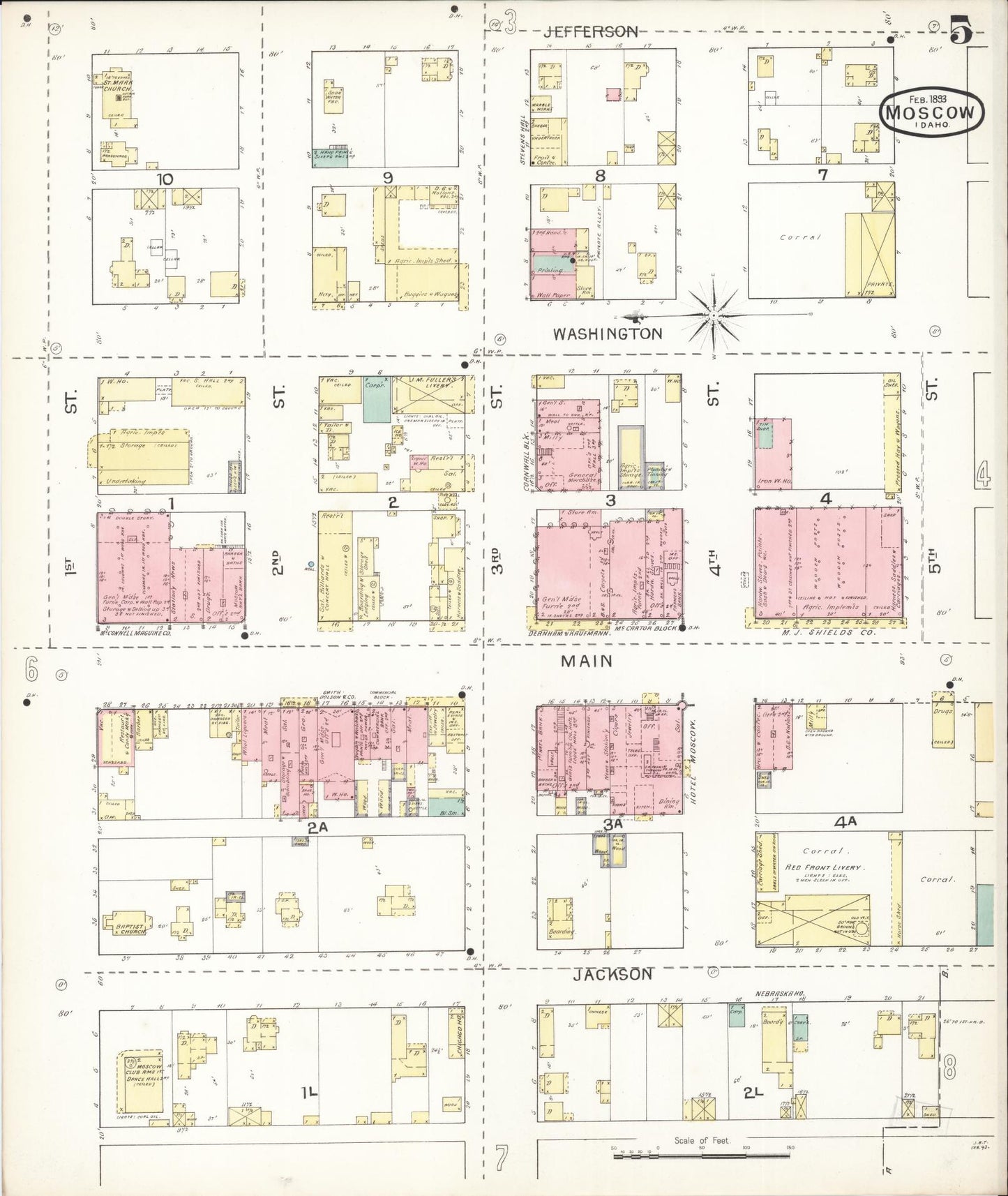 Sanborn Fire Insurance Map from Moscow, Latah County, Idaho (1893), Sheet #0005 - Historic Sanborn Fire Insurance Map Print, vintage old map wall art, antique decor, genealogy gift, Idaho Idaho map
