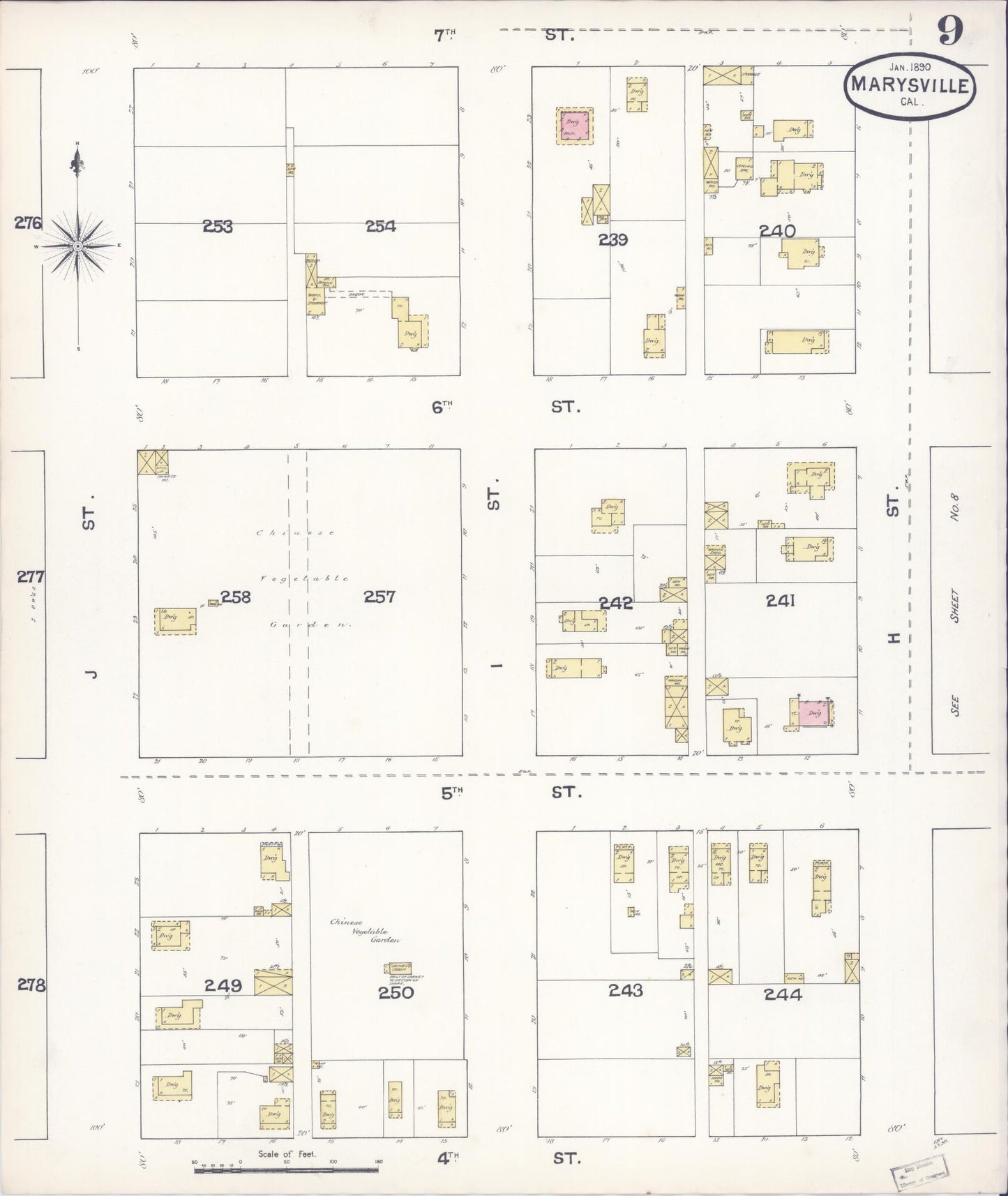 Sanborn Fire Insurance Map from Marysville, Yuba County, California (1890), Sheet #0009 - Historic Sanborn Fire Insurance Map Print, vintage old map wall art, antique decor, genealogy gift, California California map